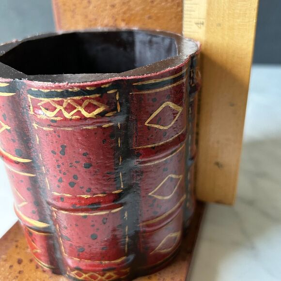 Mid Century Modern Faux Leather Bookends with Pen Cup MCM Retro Office Decor - Picture 8 of 9